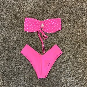 Frankie's Bikinis Neon Pink Polka Dot Bandeau & High-Cut Bottoms